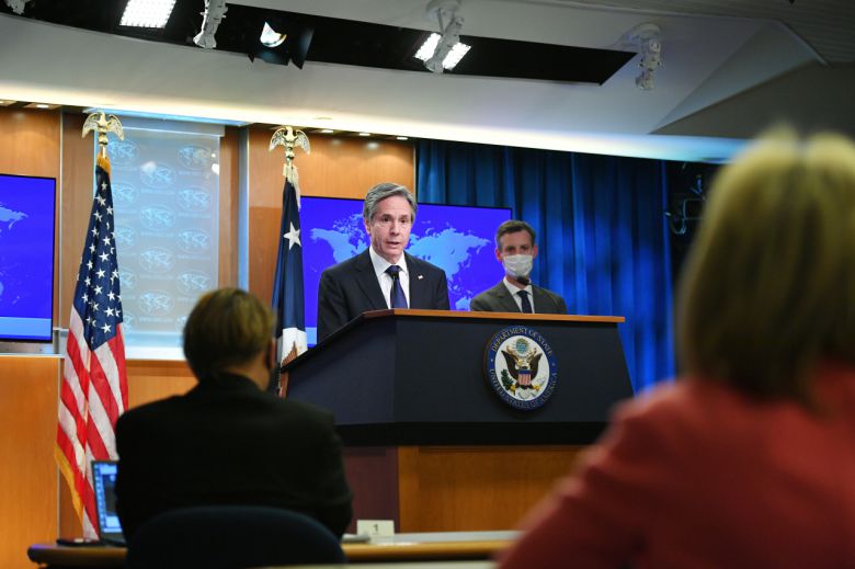 토니 블링컨 미국 국무장관이 30일(현지시간) ‘2020 국가별 인권보고서 발표를 위한 기자회견에서 기자들의 질문에 답변하고 있다. [로이터]