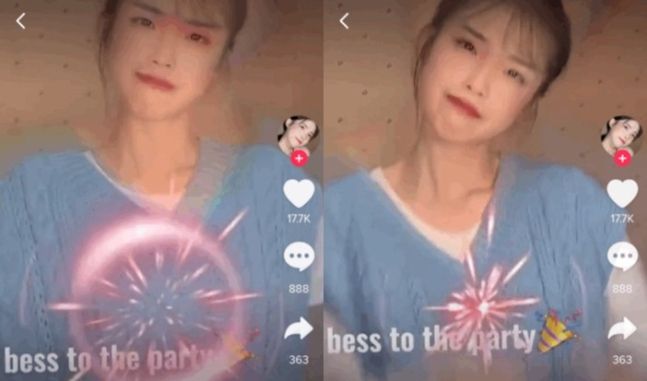 지난해 말부터 틱톡 영상을 게재하고 있는 중국의 한 뷰티크리에이터는 아이유와 똑 닮은 얼굴로 전 세계적 관심을 얻었다. 하지만 틱톡에 올린 영상 중 하나에서 보정 효과의 적용이 지연되는 찰나, 아이유와 전혀 닮지 않은 ‘민낯’이 드러나며 ‘딥페이크 논란’이 일었다. [틱톡 캡처]