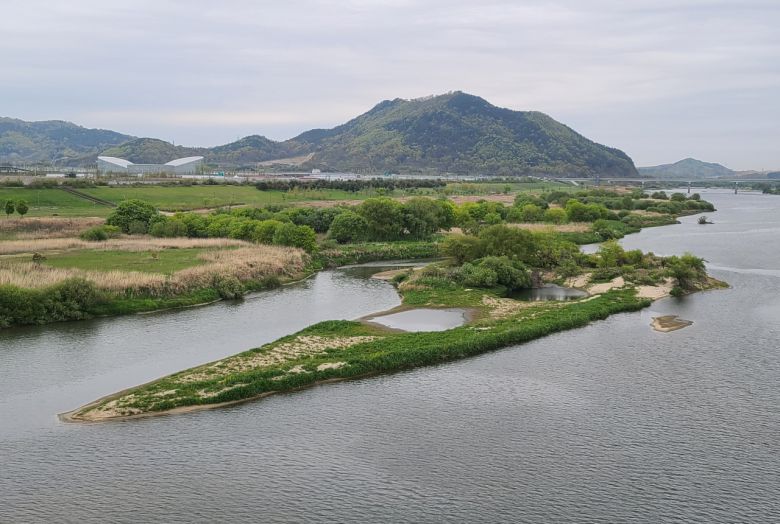 전월산과 수목원(왼쪽) 그리고 금강내 남미닮은 섬과 섬속 호수