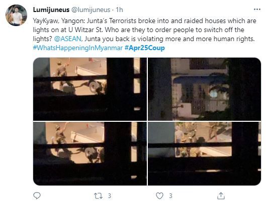 ‘25일 쿠데타 상황(#Apr25Coup)’이란 해시태그가 붙은 트위터 게시물. 미얀마 군인들이 민가에 강제 진입하는 등의 작전을 수행하고 있는 모습이 담겨 있다. [트위터 캡쳐]