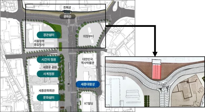월대 복원시 달라지는 도로 구조. 기존안(좌)과 달라지는 돌출형 수정안(우). 붉은색 부분이 월대. 김유진 기자/kacew@heraldcorp.com [원본=서울시 제공].