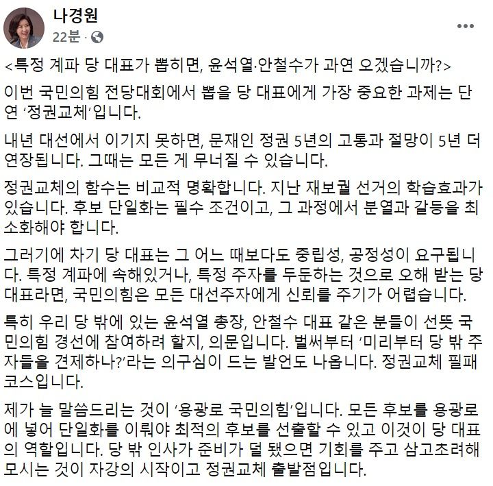 나경원 국민의힘 전 의원 페이스북 일부 캡처.