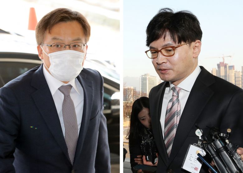 법무부가 4일 오후 단행한 검찰 고위 간부 인사에서 법무연수원장에 내정된 조남관 대검 차장검사(왼쪽)와 사법연수원 부원장으로 내정된 한동훈 검사장.둘 다 한직으로 밀려났다. [연합]