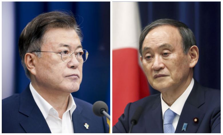 문재인(왼쪽) 대통령과 스가 요시히데(菅義偉) 일본 총리. [연합, AP]