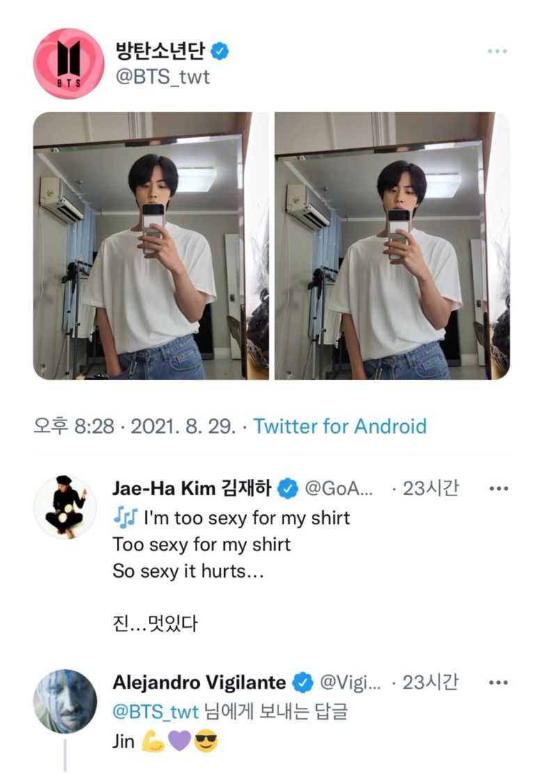 거울 셀카 사진이 공개된 직후 여러 공식계정들의 댓글과 인용알티가 연이었다. 아르헨티나 출신의 팝 아티스트 알레한드로 비질란테(Alejandro Vigilante)는 진의 사진에 댓글로 보라색 하트와 귀여운 이모티콘을 남겼다.