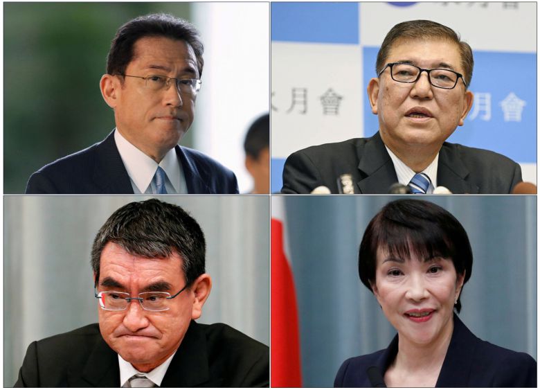 스가 요시히데(菅義偉) 일본 총리의 불출마 선언에 차기 총리 자리로 연결되는 집권 자민당 총재 자리를 놓고 당내 잠룡들의 움직임이 분주해지고 있다. 4강(强)으로 꼽히는 기시다 후미오(岸田文雄·왼쪽 상단부터 시계방향으로) 전 자민당 정무조사회장, 이시바 시게루(石破茂) 전 자민당 간사장, 다카이치 사나에(高市早苗) 전 총무상, 고노 다로(河野太郞) 행정개혁담당상의 모습. [로이터, 교도]