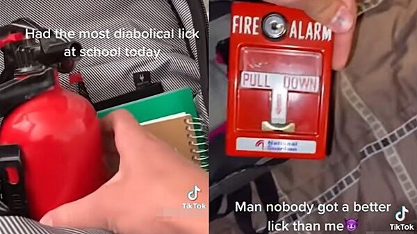 방재 물품을 훔치는 틱톡 챌린지 영상화면[틱톡, 트위터 캡처]