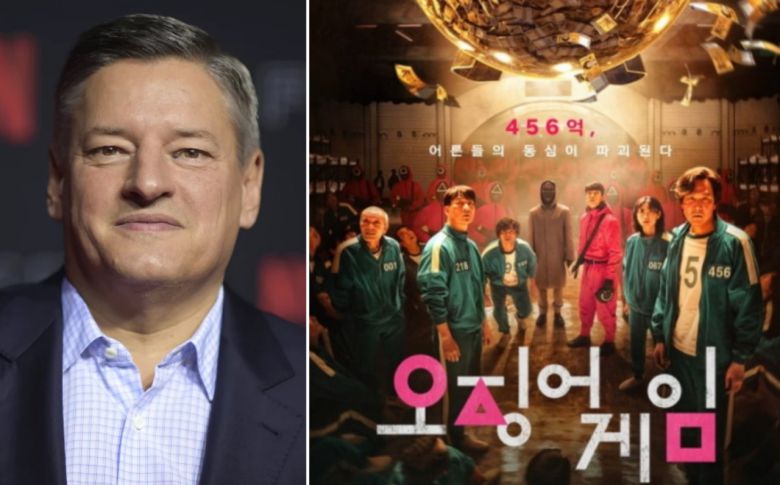 테드 서랜도스(왼쪽) 넷플릭스 공동 CEO와 한국 오리지널 시리즈 '오징어게임' 포스터. [AP·넷플릭스 제공]