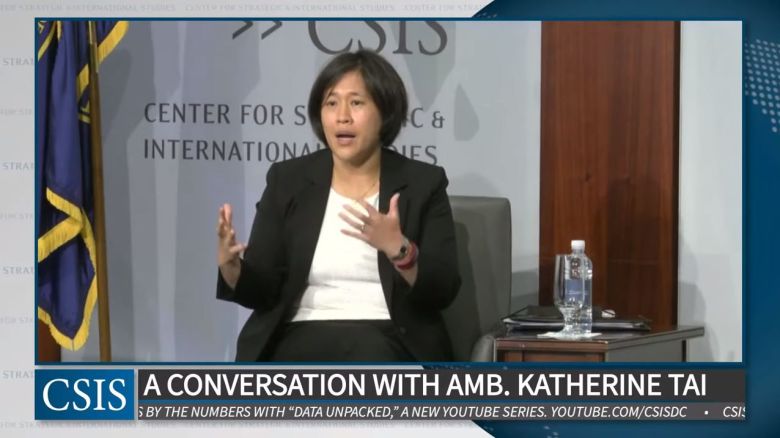 캐서린 타이 미국 무역대표부(USTR) 대표가 4일(현지시간) 미 싱크탱크 전략국제문제연구소(CSIS) 연설에서 조 바이든 미국 행정부의 대중 통상 정책 세부를 제시하고 있다. [전략국제문제연구소(CSIS) 유튜브 화면 캡처]