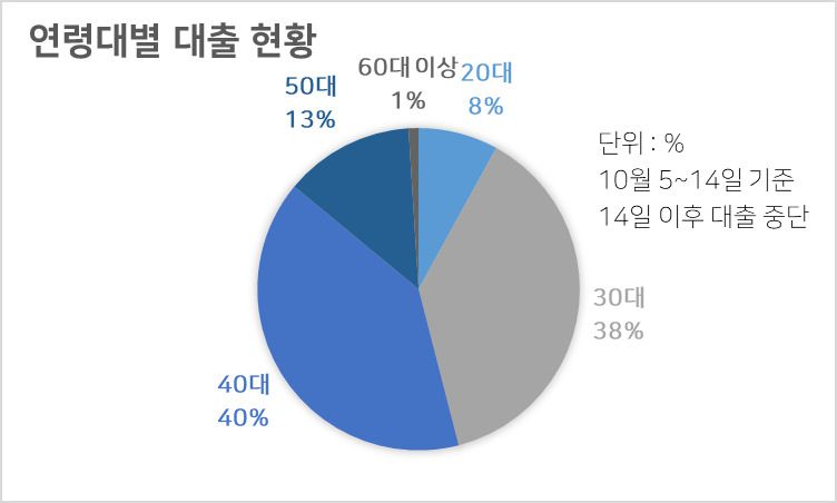 차주를 연령대별로 보면 30대와 40대가 각각 대출 잔액의 38%, 40%로 집계됐다. 50대는 13%, 20대는 8%, 60대 이상은 1% 순이었다.