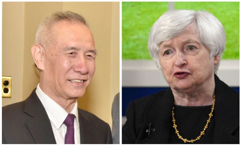 류허(劉鶴·왼쪽) 중국 부총리와 재닛 옐런 미국 재무부 장관. [위키백과, AP]