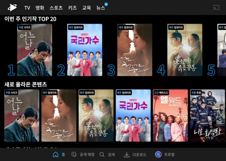 쿠팡플레이 애플리케이션(앱) 메인화면[홍승희 기자/hss@]