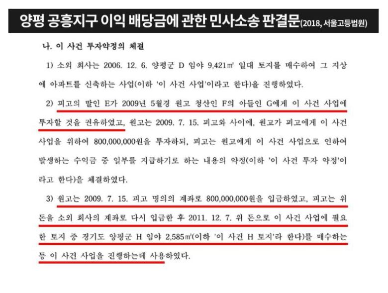 더불어민주당 선대위 현안대응 TF가 공개한 윤석열 국민의힘 대선후보 처가 회사인 이에스아이엔디의 양평 공흥지구 개발사업 이익배당금 민사소송 판결문.
