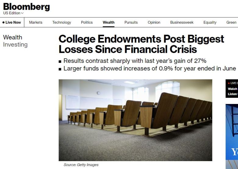 미국 대학기금들이 상반기 손실을 입었다는 미국 블룸버그 뉴스 갈무리