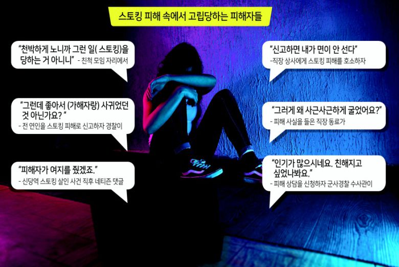 법이 마련된 지 1년이 흘렀지만 피해자가 스토킹 범죄를 알릴 때 듣는 비난도 여전했다. 피해자는 가족·수사관은 물론 불특정 다수에게도 ‘2차 가해’를 받고 있었다. A씨는 가족에게 스토킹 피해 사실을 알렸다가 “네가 천박하게 놀아서 구설수에 오르는 게 아니냐”는 말을 듣고 눈물을 흘렸다. A씨는 “신당역 사건 관련 기사 댓글 중 ‘여자가 빌미를 제공했겠지’란 말을 보고 여전히 피해자를 탓하는 사회란 걸 절감했다”고 토로했다.