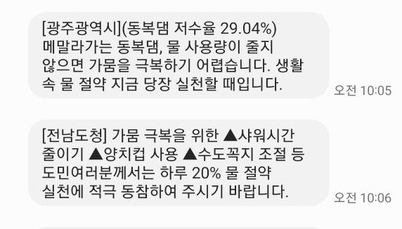 광주시는 긴급재난문자를 통해 물절약 실천을 호소하고 있다.