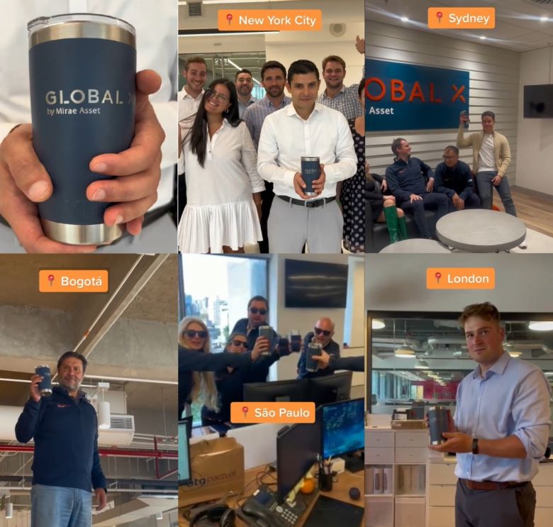 미래에셋의 ETF 운용 자회사 Global X의 해외법인 관계자들이 로고가 새겨진 텀블러를 들고 기념사진을 찍고 있다. [미래에셋자산운용 제공]