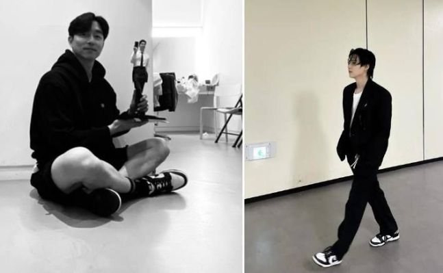 배우 공유(왼쪽), BTS 슈가(오른쪽)가 나이키 범고래를 신은 모습. [소셜미디어]