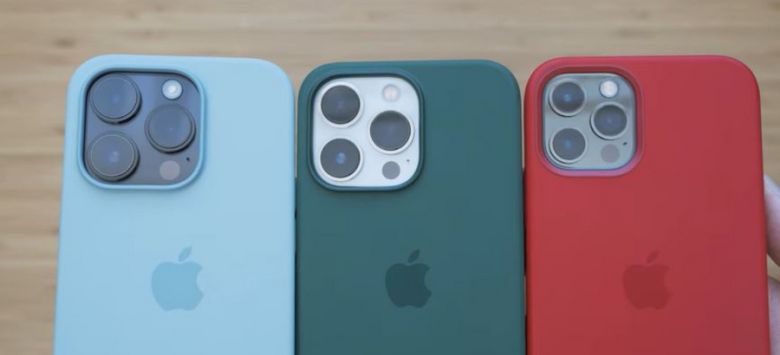 유튜버 ‘The Hybrid Shooter’가 비교한 아이폰 14 pro, 13 pro, 12 pro의 카메라 부분 크기 비교. 제일 왼쪽부터 아이폰 14 pro, 13 pro, 12 pro 순서. 최신 모델일수록 카메라 부분이 큰 것을 확인할 수 있다. [유튜브 채널 ‘The Hybrid Shooter’ 갈무리]