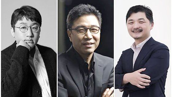 방시혁 (왼쪽부터) 하이브 의장, 이수만 전 SM 대주주, 김범수 카카오 창업자