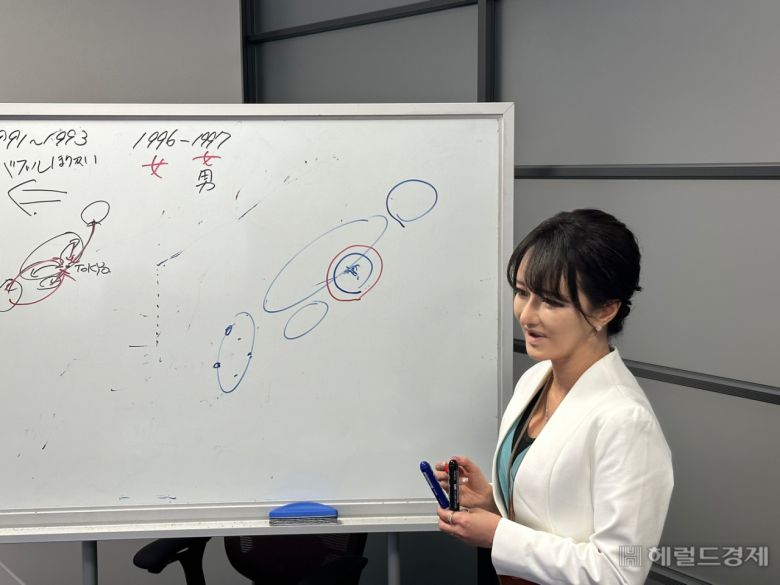 지난달 13일 일본 도쿄 지요다구 닛세이기초연구소 회의실에서 아마노 가나코 인구동향 시니어 연구원이 도쿄로의 여성 인구 유입 증가 현상에 대해 설명하고 있다. 신혜원 기자