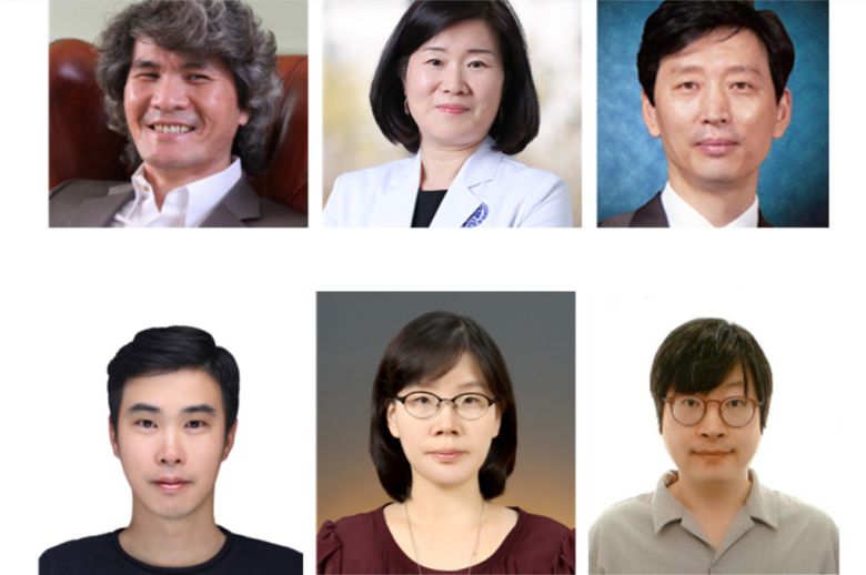 이창준(윗줄 왼쪽부터) IBS 단장, 윤미진 세브란스병원 교수, 류훈 KIST 책임연구원, 김동우 세브란스병원 연구원, 고해영 세브란스병원 연구원, 남민호 KIST 선임연구원.[IBS 제공]