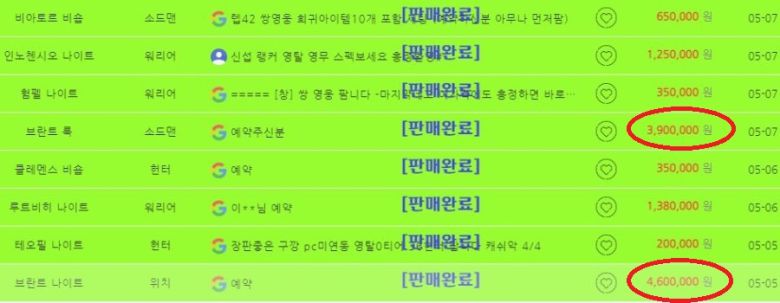 판매 완료된 나이트크로우 계정 거래 내역. [바로템 홈페이지 갈무리]