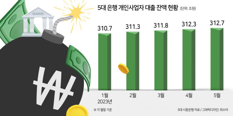 실제 고금리에 따라 다소 주춤했던 개인사업자들의 대출 수요는 다시금 늘어나고 있다. 지난달 말 기준 5대 은행의 개인사업자 대출 잔액은 약 312조7000억원으로 4월(312조3000억원)과 비교해 4000억원가량 증가한 것으로 나타났다. 올 1월부터 4월까지의 증가폭도 매월 5000~6000억원 수준을 유지했다. 올해 들어서만 약 2조원가량의 대출 잔액이 늘어난 셈이다.