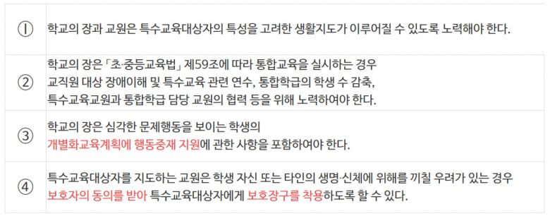 교육부가 지난 17일 발표한 「교원의 학생생활지도에 관한 고시(안)」 제14조(특수교육대상자의 생활지도) 내용.