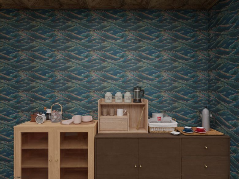 영화 '헤어질 결심'에 등장하는 벽지. 산과 바다를 형상화 한 문양이 벽지로 사용됐다. 류성희 미술감독이 담당했다. ['헤어질 결심' 스틸컷]