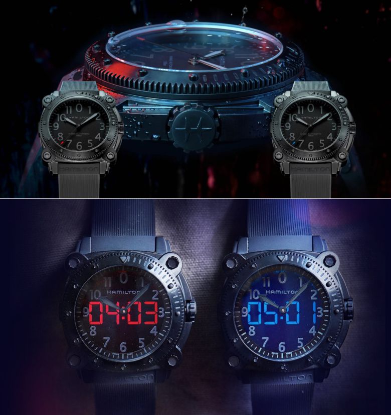 영화 ‘테넷’(2020) 속 해밀턴 시계를 본뜬 스페셜 에디션(상단 사진). 영화 속 빨강·파랑 디자인을 7시와 8시 사이의 점 하나로 단순화 했다. 영화 속 실제 소품으로 사용된 소품(하단 사진)엔 양산품엔 없는 디지털 스크린이 가미돼 있다. [해밀턴ⓒ]