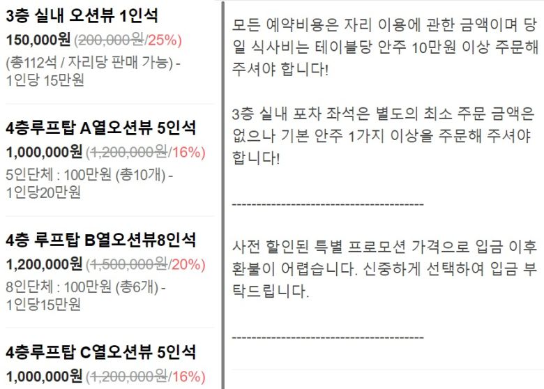 부산 불꽃축제가 열리는 광안리 해변의 한 주점 예약페이지. 1인당 자릿세가 15~20만원으로 책정돼 있으며, 음식 주문은 별도이고, 환불이 안된다는 사항이 안내돼 있다.