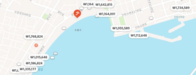 부산 불꽃축제가 열리는 11월4일 광안리 일대의 100만원(1박)이 넘는 숙소를 공유 숙박 플랫폼에서 검색한 결과.