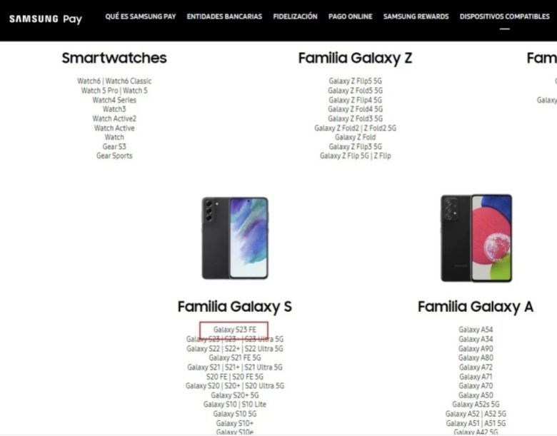 스페인 삼성페이 공식 홈페이지에는 단말 기종을 소개하는 목록에서 ‘갤럭시 S23 FE’의 이름이 등장했다.