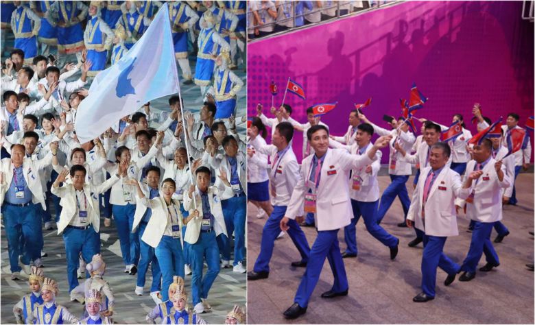 2018 자카르타-팔렘방 아시안게임 개회식에서 남북 선수단이 공동입장하늠 모습(왼쪽). 2022 항저우 아시안게임 개회식에서 북한 선수단이 입장하는 모습(오른쪽).[연합]
