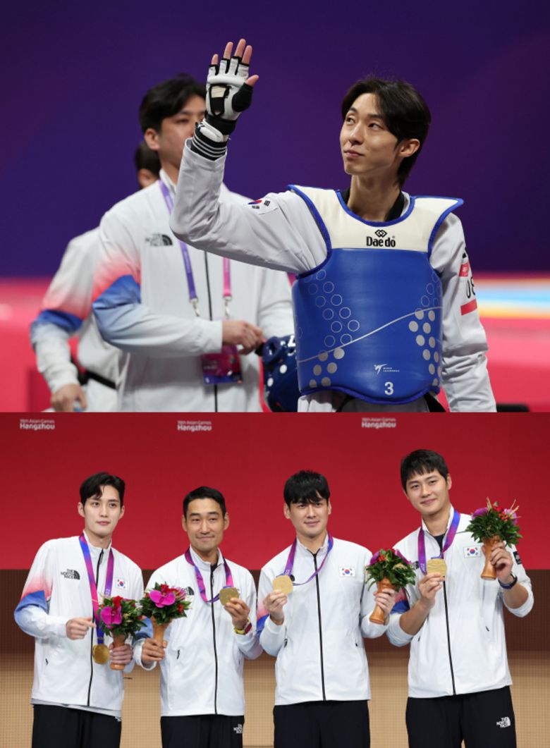 25일 항저우 아시안게임 태권도 겨루기 남자 58㎏급 결승전에 앞서 관중석을 향해 인사하는 장준(상단 사진). 28일 펜싱 남자 사브르 단체 결승전에서 중국을 이기고 금메달을 획득한 한국 선수들. 왼쪽부터 김준호, 김정환, 구본길, 오상욱(하단사진). [연합]