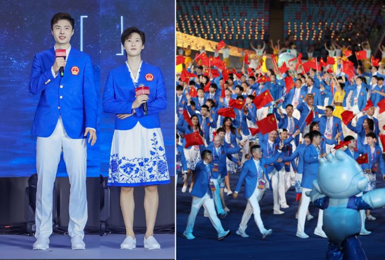 항저우 아시안게임 중국대표팀 단복(왼쪽). 23일 오후 중국 항저우 올림픽 스포츠센터 스타디움에서 열린 2022 항저우 아시안게임 개회식에서 중국 선수단이 입장하고 있다(오른쪽). [지우무왕ⓒ] [연합]