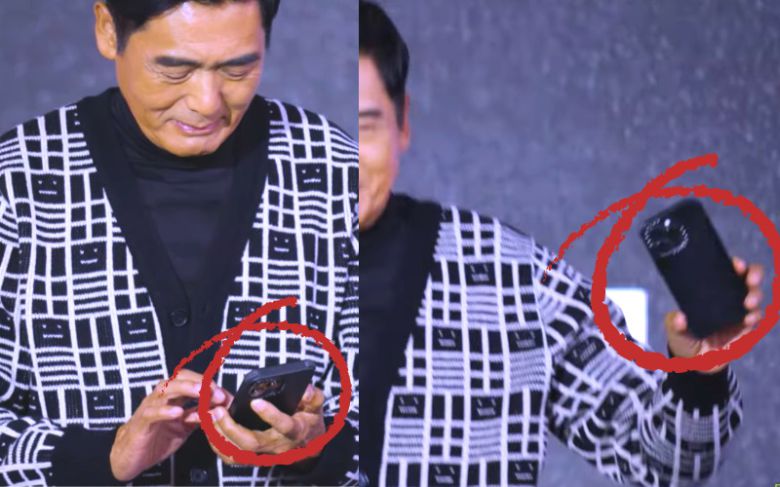 배우 주윤발이 5일 부산 영화의전당 야외무대에서 자신의 아이폰으로 관객들과 셀카사진을 촬영 후 에어드롭을 통해 사진을 공유하고 있다. [유튜브 'Movie-bee']