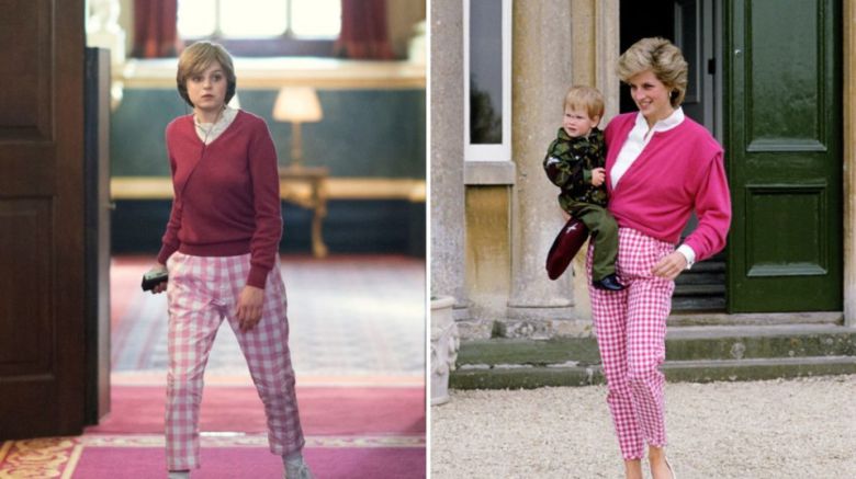 1986년 분홍색 체크 바지와 분홍색 가디건을 입은 다이애나비(오른쪽)와 넷플릭스 드라마 '더 크라운' 속의 재현, [게티이미지, 넷플릭스]