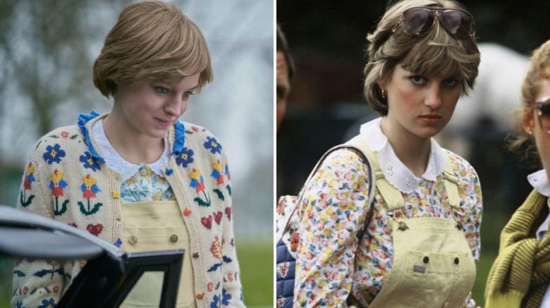 1981년 찰스 왕세자 약혼녀 다이애나 스펜서가 언론에 공개된 두번째 사진(오른쪽)과 넷플릭스 드라마 '더 크라운' 속의 재현, [게티이미지, 넷플릭스]