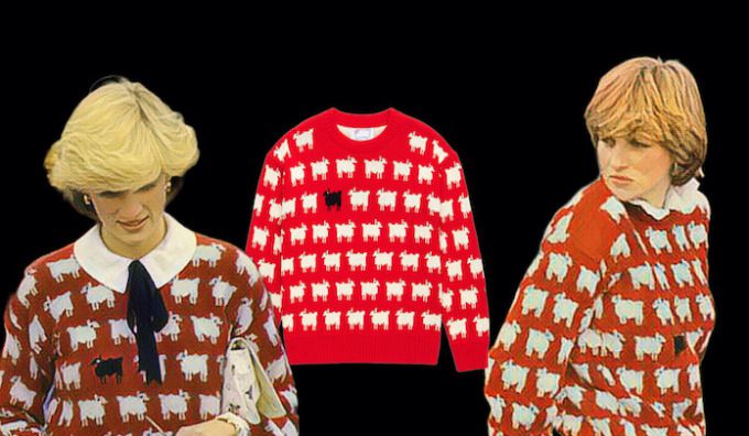 다이애나비는 검은양 스웨터를 2벌 입었다. 첫번째 스웨터(오른쪽_의 소맷부리가 튿어지자 업체에 수선을 맡겼는데, 업체는 새 스웨터(왼쪽)를 보냈다. 두 스웨터의 검은양이 서 있는 방향이 다르다.