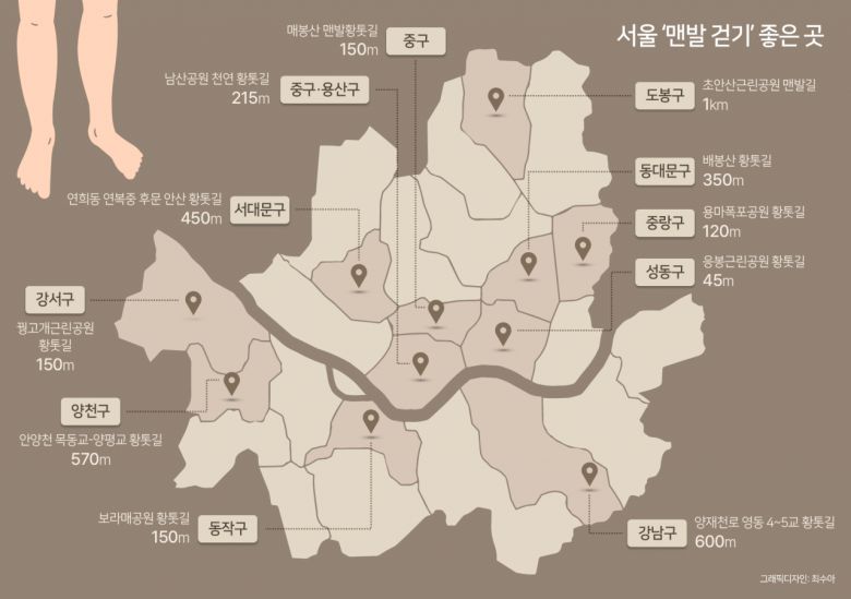 맨발로 걸을 수 있는 황톳길 등을 만드는 지자체도 여럿이다. 성남시는 율동공원과 위례공원 등 6곳에 각각 740m, 520m 황톳길을 조성했다. 서초구도 지역 내 총 4㎞ 규모로 맨발 걷기길 12곳을 만들었다. 강원 춘천시는 2024년까지 7.4㎞ 규모의 맨발 걷기 코스를 만들기도 했다.