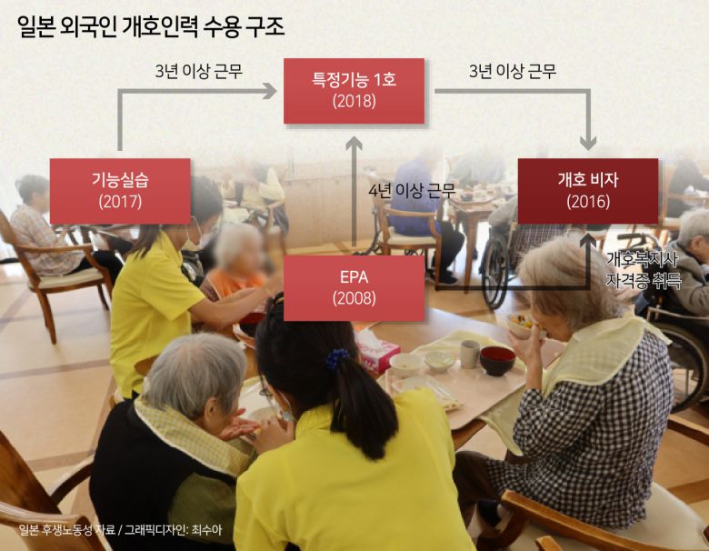 4개의 제도가 유기성을 갖고 연결되는 것도 특징이다. 초기 개호 비자는 유학생만 도전할 수 있었다. 현재는 특정기능 1호, EPA 개호인력도 도전할 수 있다. 특정기능 1호 소유자가 개호시설에서 3년 이상 근무·연수를 받거나 EPA 개호인력이 4년 이상 개호시설에서 근무하면 개호복지사 자격증 취득을 전제로 개호 비자를 받을 수 있다.