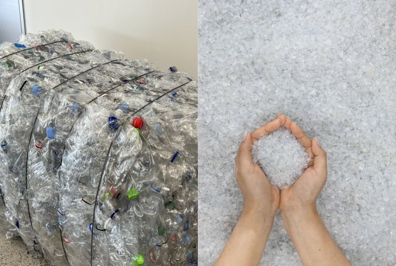 수퍼빈의 아이엠팩토리에서 재활용하는 폐페트병 더미(왼쪽)와 최종 생산품인 리사이클링 플라스틱 소재. [김은희 기자, 수퍼빈 제공]