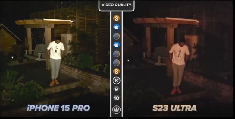 지난해 진행된 아이폰 15 프로와 갤럭시 S23 울트라 간 야간 영상 촬영 비교. [유튜브 Mrwhosetheboss 캡처]