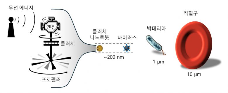 클러치 나노로봇은 바이러스 크기인 200㎚(나노미터)의 극미세 영역 안에 엔진, 클러치, 로터 등의 기계 장치를 탑재하여 프로펠러의 회전과 같은 기능을 수행한다.[IBS 제공]