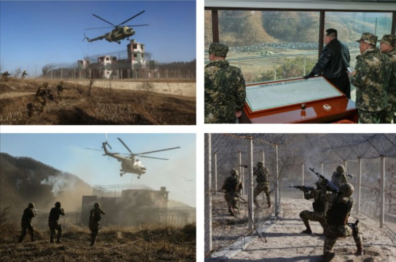 북한 노동당 기관지 노동신문은 김정은 국무위원장이 6일 조선인민군 서부지구 중요 작전훈련기지를 방문해 훈련시설들을 돌아보고 부대들의 실동훈련을 지도했다고 7일 보도했다. 북한군이 훈련기지에서 훈련을 벌이는 모습. [평양 노동신문=뉴스1]