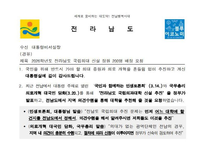 [헤럴드경제(무안)=황성철 기자] 전남도가 2026학년도 신설 국립 의과대학 정원으로 200명을 배정해 줄 것을 대통령실과 보건복지부, 교육부 등에 지난 1일 공문으로 건의했다.