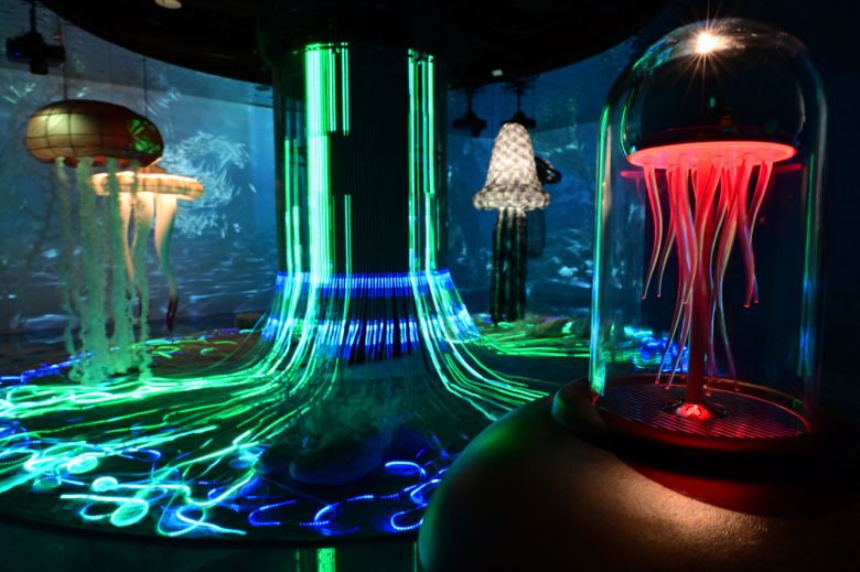 3일 전라남도 나주시 중흥 골드스파&리조트에 문을 연 미디어 체험 전시 공간 'UZU DREAM(우주 드림)' 내부 모습. 행성 '엘리시온'의 바다 깊숙히 서식하는 초거대 해파리(루미네 젤리피시)가 설치돼 있다. 나주=박해묵 기자