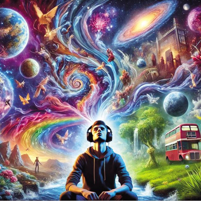 ChatGPT가 생성한 헤드폰으로 경험하는 새로운 소리 세계로 여행하는 사용자를 상상한 그림